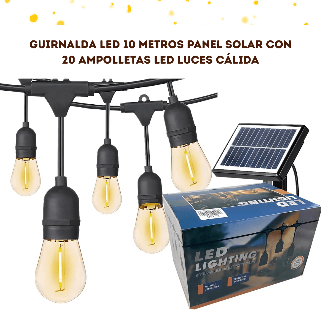 GUIRNALDA COLGANTE CON PANEL SOLAR | 10 METROS + 20 FOCOS